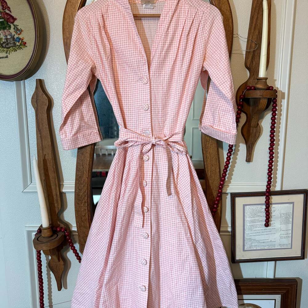 Vintage Schrader Sport Pink and White Gingham 100% Cotton Shirt Dress with Belte